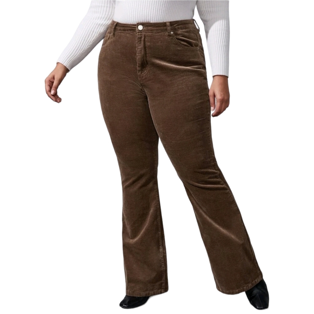 Shein Plus Size 5 Pockets High Waist Brown Corduroy Flare Boot Cut Pants, 2XL - Picture 5 of 5